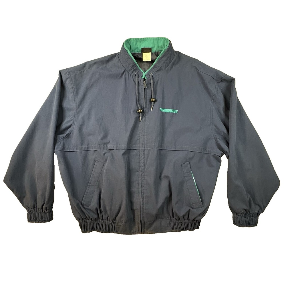 VTG Winnebago Men's 2XL Navy‎ Teal 90s USA Made Bomber Windbreaker Zip Jacket RV